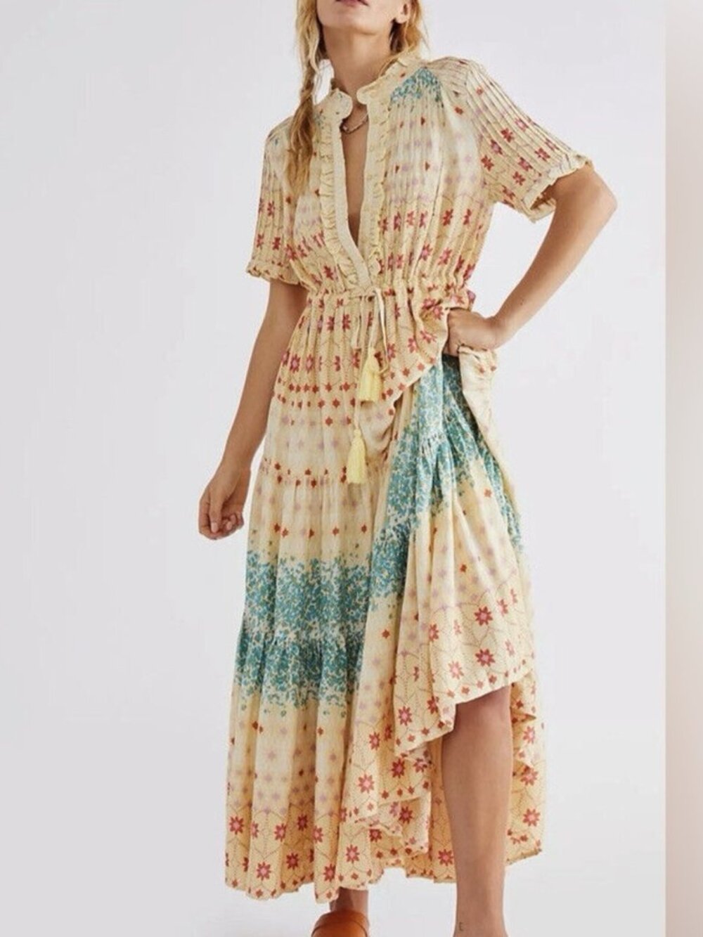 Free People XL Maxi Feelings Cloud Dress Floral Lightweight Ruffles Boho Campus